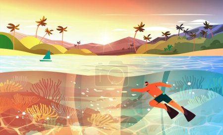 Illustration for Tourist man swimming in sea or ocean and watching marine fauna with fish and coral reef underwater recreational activity summer vacation concept horizontal vector illustration - Royalty Free Image