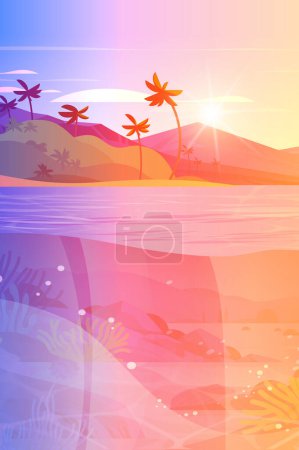 Illustration for Sea or ocean marine fauna with fish and coral reef underwater recreational activity summer vacation concept seaside landscape background vertical vector illustration - Royalty Free Image