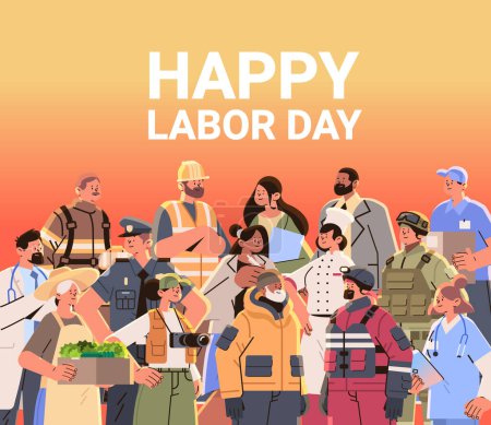 Illustration for Different occupation people with american flag diverse workers of various professions and specialists standing together happy labor day celebration concept vector illustration - Royalty Free Image