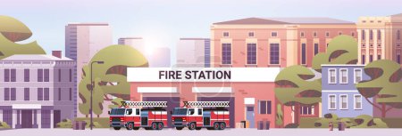 Ilustración de Edificio de la estación de bomberos fachada de la casa del departamento de bomberos y vehículo de emergencia roja ilustración vector horizontal - Imagen libre de derechos