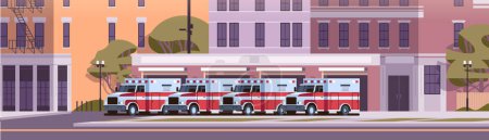 Ilustración de Edificio de la estación de bomberos fachada de la casa del departamento de bomberos y vehículo de emergencia roja ilustración vector horizontal - Imagen libre de derechos