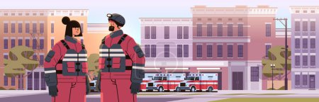 Illustration for Firefighters in uniform standing near fire station building department house facade and red emergency vehicles horizontal portrait vector illustration - Royalty Free Image