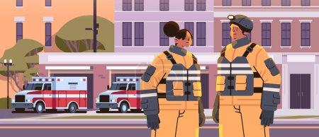 Ilustración de Bomberos en uniforme de pie cerca de la estación de bomberos edificio fachada casa departamento y vehículos de emergencia rojo horizontal retrato vector ilustración - Imagen libre de derechos