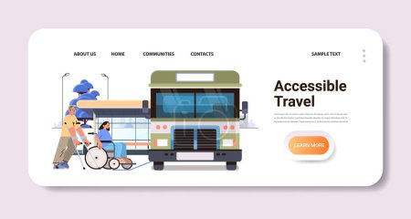 Illustration for Disabled passengers getting on bus with help of ramp people in wheelchair in friendly city environment accessible travel concept horizontal copy space vector illustration - Royalty Free Image