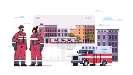 Ilustración de Bomberos en uniforme de pie cerca de la estación de bomberos edificio fachada casa departamento y vehículos de emergencia rojo horizontal longitud completa vector ilustración - Imagen libre de derechos
