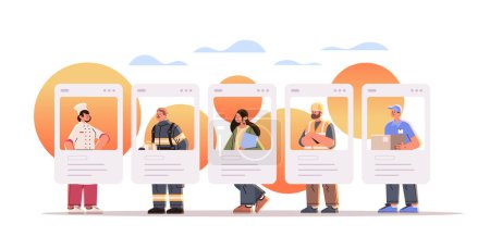 Illustration for Different occupation people diverse workers of various professions and specialists social media network service happy labor day celebration concept horizontal vector illustration - Royalty Free Image