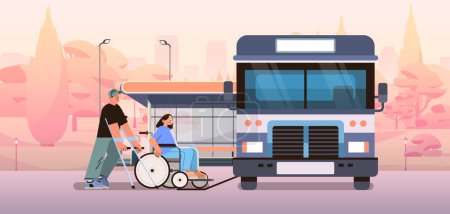 Illustration for Disabled passengers getting on bus with help of ramp people in wheelchair in friendly city environment accessible travel concept horizontal vector illustration - Royalty Free Image