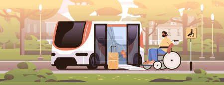Illustration for Disabled passenger getting on bus with help of ramp people in wheelchair in friendly city environment accessible travel concept horizontal vector illustration - Royalty Free Image