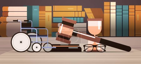 Ilustración de Derecho y justicia servicios jurídicos concepto mazo juez libros y silla de ruedas vector horizontal ilustración - Imagen libre de derechos