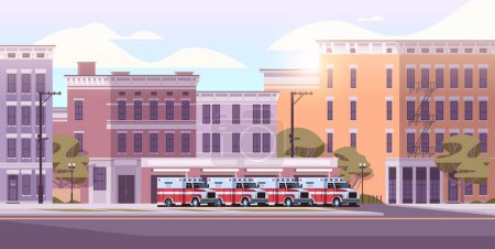 Illustration for Fire station building fire department house facade and red emergency vehicle horizontal vector illustration - Royalty Free Image