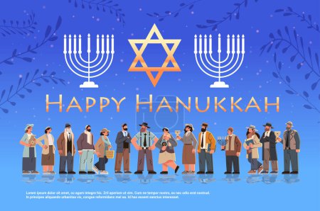 Téléchargez les illustrations : Hommes juifs femmes en vêtements traditionnels différents Israéliens debout ensemble heureux hanukkah judaïsme fêtes religieuses concept pleine longueur illustration vectorielle horizontale - en licence libre de droit