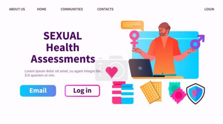 Illustration for Man gives online lecture about sexual health education contraceptive methods contraception virtual sex coaches human sexuality concept horizontal vector illustration - Royalty Free Image
