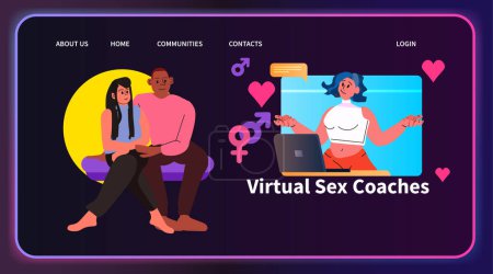 Illustration for Woman gives online lecture about sexual health education contraceptive methods contraception virtual sex coaches human sexuality concept horizontal vector illustration - Royalty Free Image