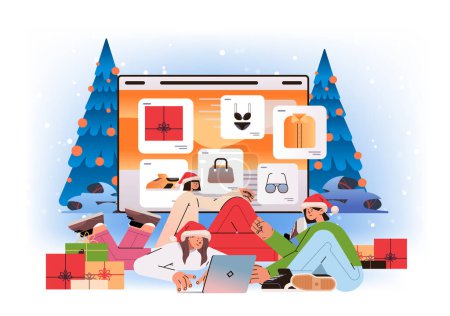 women in santa hats choosing clothes in online shop style advice generation new year holidays celebration concept horizontal vector illustration