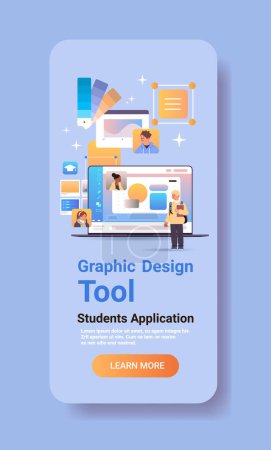 Illustration for Graphic design artists working on laptop man woman designers creating logo digital art creation students application concept vertical copy space vector illustration - Royalty Free Image