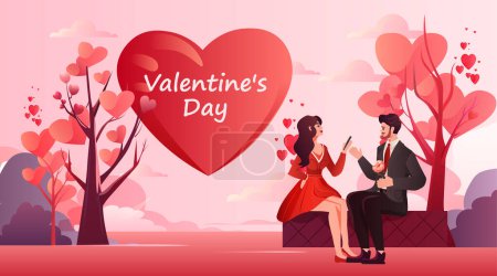 Illustration for Man woman discussing during meeting in park lovers celebrating happy valentines day horizontal vector illustration - Royalty Free Image