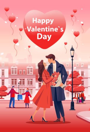 Illustration for Man woman lovers elegant couple dancing at city street happy valentines day celebration concept cityscape background full length vertical vector illustration - Royalty Free Image