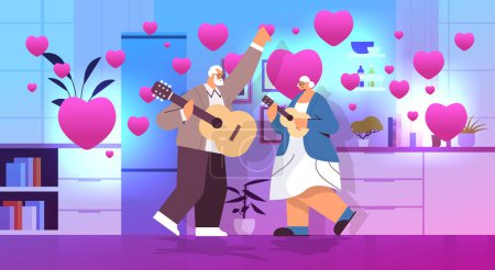 senior couple playing guitar grandparents having fun active old age concept home kitchen interior with pink love hearts valentines day celebration concept horizontal vector illustration