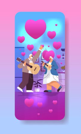 pareja de ancianos tocando la guitarra abuelos divertirse activo viejo concepto hogar cocina interior con corazones de amor rosa San Valentín celebración concepto vertical vector ilustración
