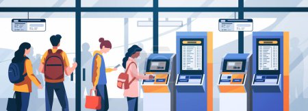 Passengers buying electronic train tickets at self service digital terminal railway railroad transport concept horizontal vector illustration