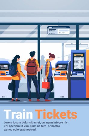 Passengers buying electronic train tickets at self service digital terminal railway railroad transport concept copy space vertical vector illustration