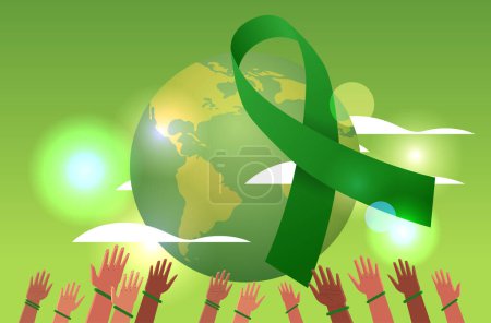 world mental health day awareness month banner mix race human hands with green ribbon horizontal vector illustration