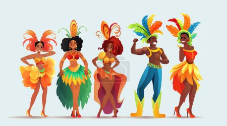 Brazilian samba dancers girls wearing festival costume and dancing together carnival party concept horizontal vector illustration
