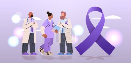 doctors or researchers in uniform working in lab with purple ribbon world cancer day breast disease awareness prevention poster 4 february horizontal vector Illustration