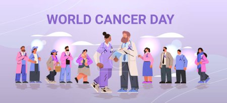 doctors and people standing together with purple ribbons world cancer day breast disease awareness prevention poster 4 february horizontal vector Illustration