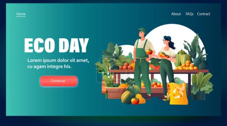 man woman farmers sellers offering fruits and vegetables organic natural food eco local grown products horizontal copy space vector illustration