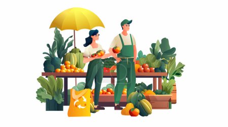 Mann Bäuerinnen Verkäuferinnen bieten Obst und Gemüse Bio-Naturkost Öko-Produkte aus lokalem Anbau horizontale Vektorillustration