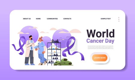 doctors or researchers in uniform working in lab with purple ribbon world cancer day breast disease awareness prevention poster 4 february horizontal copy space vector Illustration