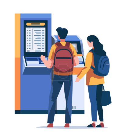 Passengers buying electronic train tickets at self service digital terminal railway railroad transport concept vertical vector illustration