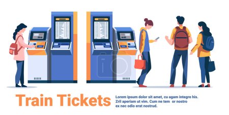 Passengers buying electronic train tickets at self service digital terminal railway railroad transport concept copy space horizontal vector illustration