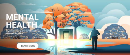 depressed man standing near open door between trees outdoor in park man suffering from psychological diseases anxiety mental health awareness month concept horizontal copy space vector illustration