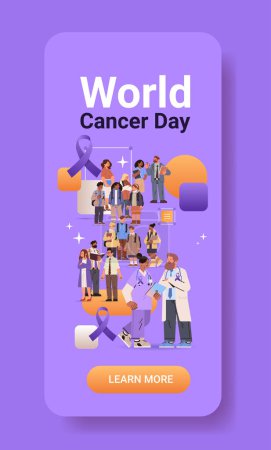 doctors and people standing together with purple ribbons world cancer day breast disease awareness prevention poster 4 february vertical vector Illustration