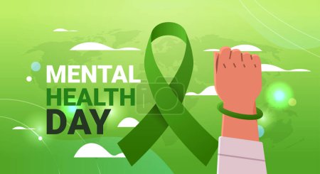 Illustration for World mental health day awareness month banner human hand with green ribbon horizontal vector illustration - Royalty Free Image