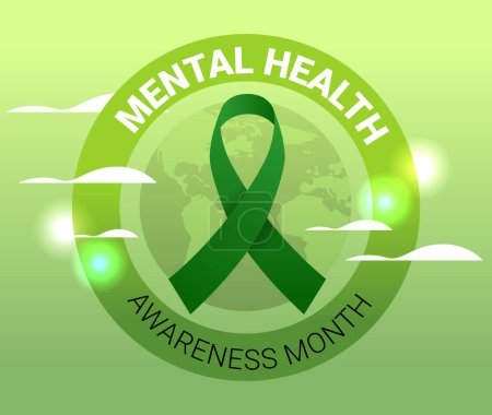 Illustration for World mental health day awareness month banner with green ribbon vector illustration - Royalty Free Image