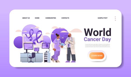 doctors or researchers in uniform working in lab with purple ribbon world cancer day breast disease awareness prevention poster 4 february horizontal copy space vector Illustration