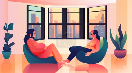 Illustration for Pregnant women sitting in bean bags and discussing during meeting pregnancy motherhood expectation concept living room interior horizontal vector illustration - Royalty Free Image