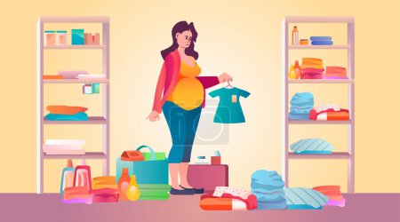 Illustration for Pregnant woman packing bag for maternity in hospital at home pregnancy motherhood expectation concept horizontal vector illustration - Royalty Free Image