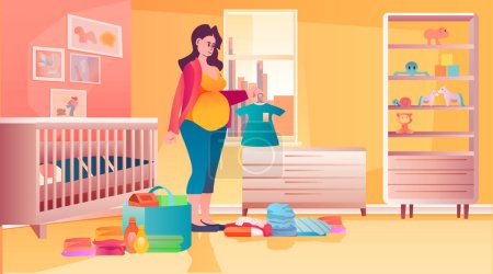 Illustration for Pregnant woman packing bag for maternity in hospital at home pregnancy motherhood expectation concept bedroom interior horizontal vector illustration - Royalty Free Image