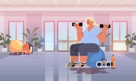 Illustration for Happy pregnant woman future mom doing physical exercises with dumbbells pregnancy motherhood expectation healthy lifestyle concept modern gym interior vector illustration - Royalty Free Image