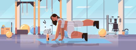 Illustration for Happy pregnant woman future mom doing physical stretching exercises pregnancy motherhood expectation healthy lifestyle concept modern gym interior horizontal vector illustration - Royalty Free Image