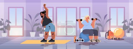 Illustration for Happy pregnant women future moms doing physical stretching exercises with dumbbells pregnancy motherhood expectation healthy lifestyle concept modern gym interior horizontal vector illustration - Royalty Free Image