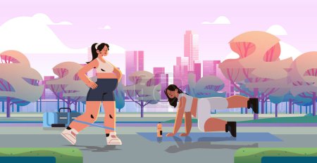 happy pregnant women future moms doing physical stretching exercises with fitness band pregnancy motherhood expectation healthy lifestyle concept cityscape background horizontal vector illustration