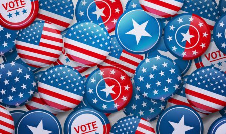 Ilustración de Bandera de los Estados Unidos de América en brillante botón redondo de icono EE.UU. elección presidencial concepto horizontal vector ilustración - Imagen libre de derechos