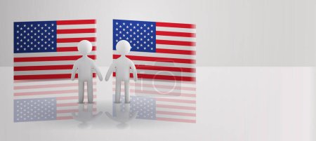 Ilustración de Siluetas de personas de pie cerca de banderas de Estados Unidos de América EE.UU. concepto de elección presidencial ilustración vector horizontal - Imagen libre de derechos