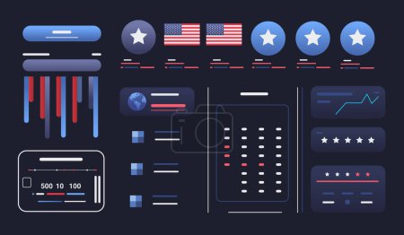 Statistisches Banner der US-Präsidentschaftswahlen mit Infografiken Statistiken des amerikanischen Wahlkampfs mit Karte und Datengrafiken horizontale Vektorillustration