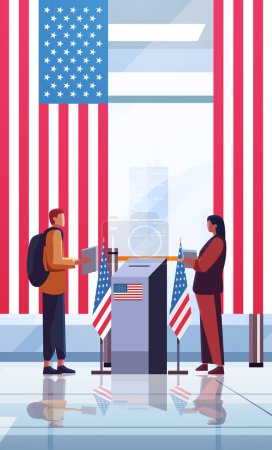 election day concept voters casting ballots at polling place during voting people holding paper ballots vertical vector illustration